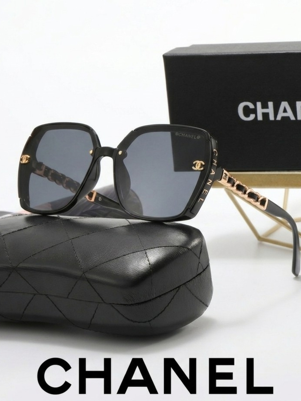 🔥NEW‼️✨️ CHANEL ✨️Black Oversized Hexigonal Sunglasses with Gold Chain Design